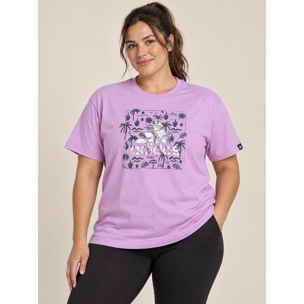 Adidas Women's XL Pink Graphic T Shirt Metallic Logo Tropical Palm Trees